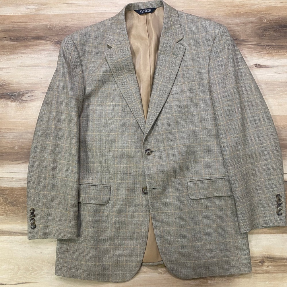 Jos. A. Bank Sport Coat 41R Glen Plaid Silk Wool Blend Regular Fit Gray Tan